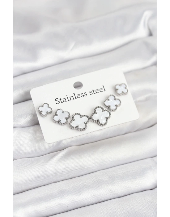 MuI MuI 316L Çelik Gümüş Beyaz Renk 3 Boy Yonca Küpe Seti