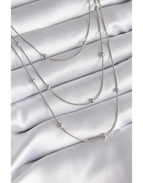 MuI MuI 316L Çelik Gümüş Renk 3lü Topçuk Detay Kadın Kolye