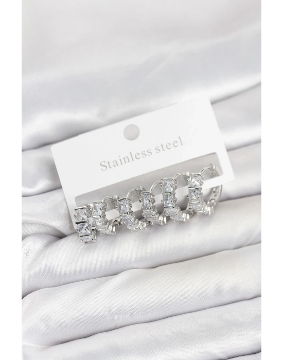 MuI MuI 316L Çelik Gümüş Renk Baget Zirkon Taşlı Halka Küpe Seti