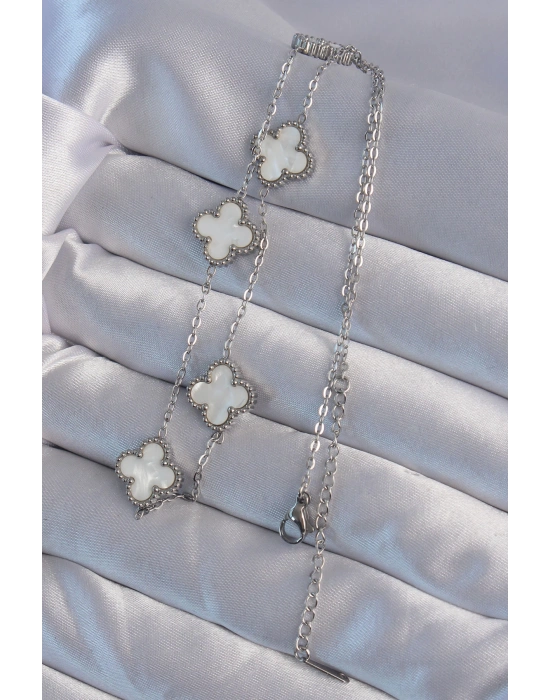 MuI MuI 316L Çelik Gümüş Renk Beyaz Sedefli Yonca Kolye