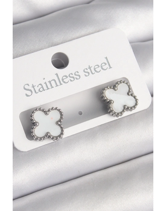MuI MuI 316L Çelik Gümüş Renk Beyaz Yonca Model Kadın Küpe