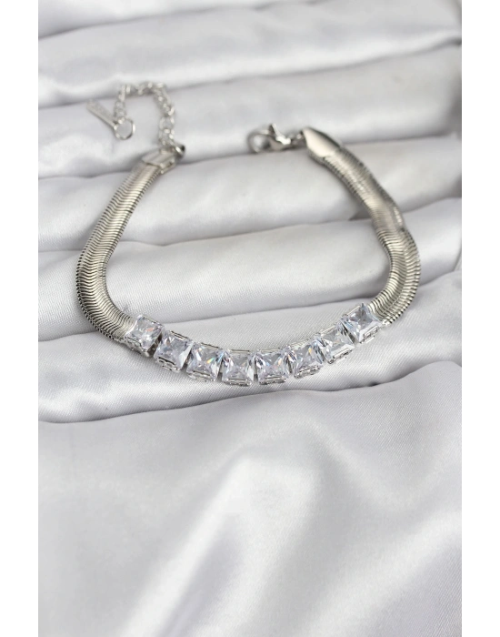 MuI MuI 316L Çelik Gümüş Renk Kare Zirkon Taşlı Yılan Zincirli Kadın Bileklik