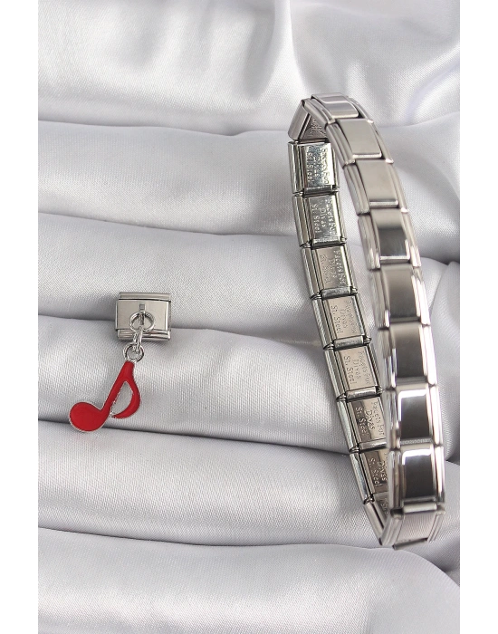 MuI MuI 316L Çelik Gümüş Renk Kırmızı Nota Model Nomination Charm