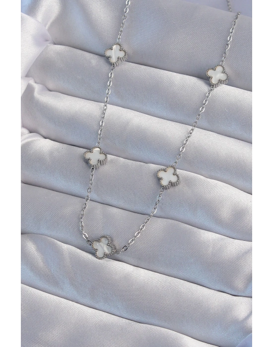 MuI MuI 316L Çelik Gümüş Renk Minimal Beyaz Sedefli Yonca Kolye