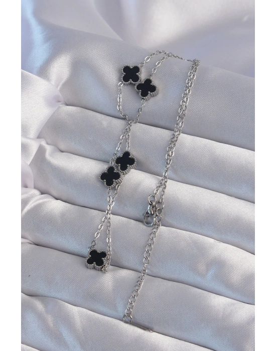 MuI MuI 316L Çelik Gümüş Renk Minimal Siyah Mineli Yonca Kolye