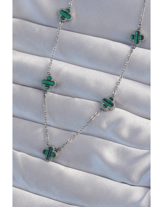 MuI MuI 316L Çelik Gümüş Renk Minimal Yeşil Mineli Yonca Kolye