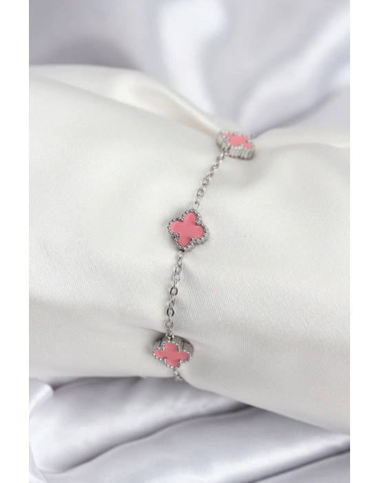 MuI MuI 316L Çelik Gümüş Renk Pembe Baby Boy Yonca Kadın Bileklik