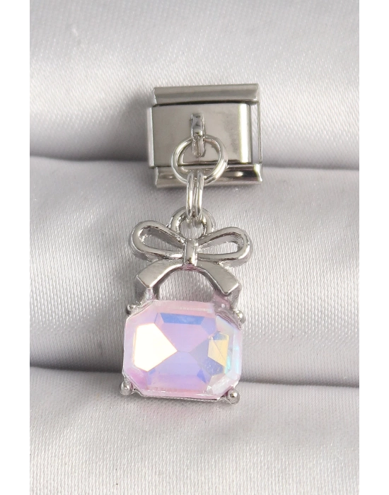 MuI MuI 316L Çelik Gümüş Renk Pembe Zirkon Taşlı Çanta Model Nomination Charm