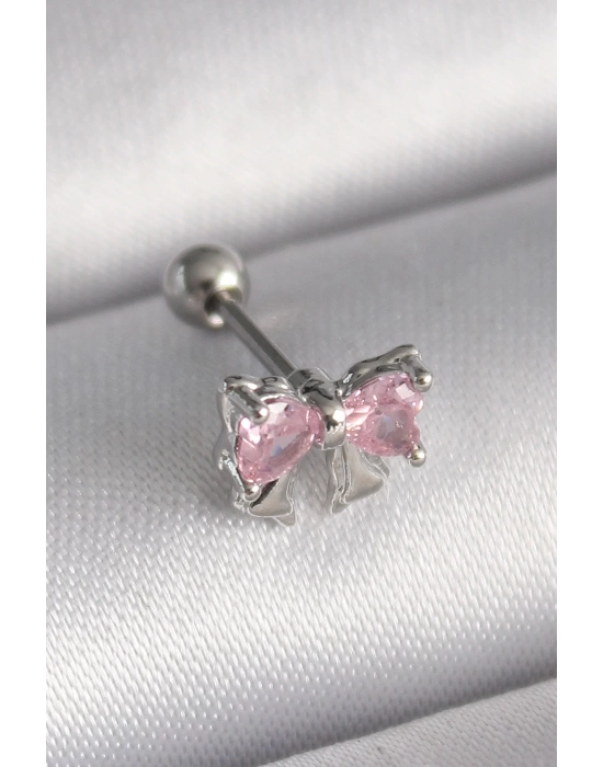 MuI MuI 316L Çelik Gümüş Renk Pembe Zirkon Taşlı Fiyonk Tragus Piercing