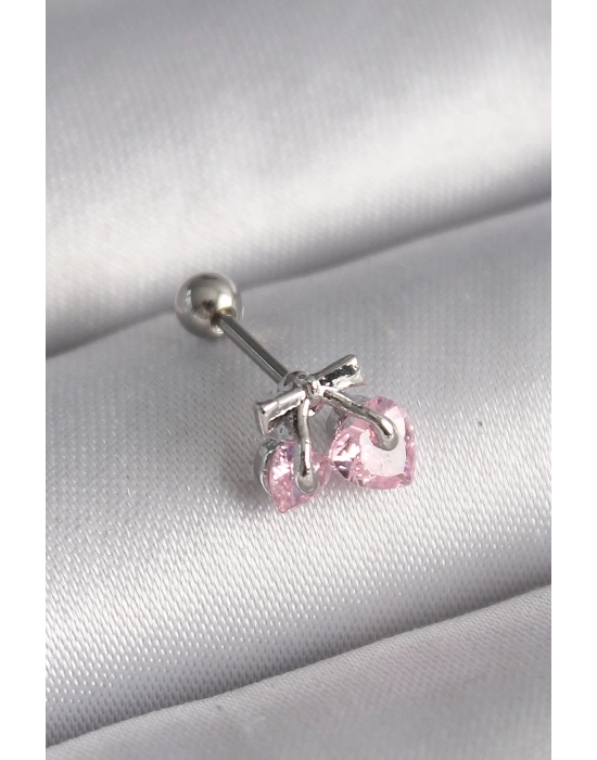 MuI MuI 316L Çelik Gümüş Renk Pembe Zirkon Taşlı Kalp Tragus Piercing