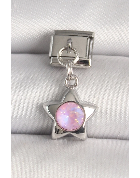 MuI MuI 316L Çelik Gümüş Renk Pembe Zirkon Taşlı Yıldız Model Nomination Charm