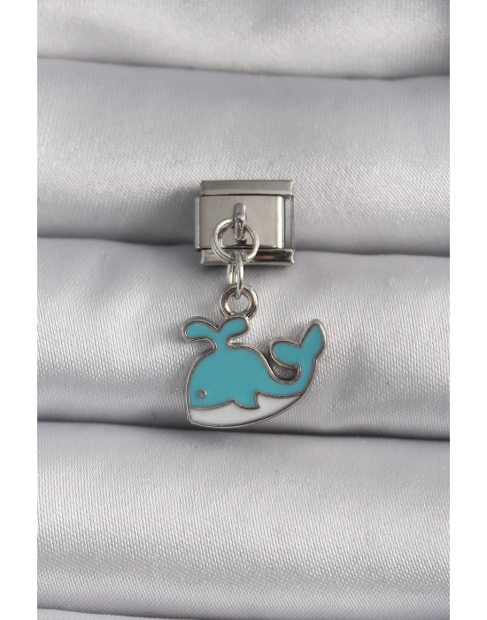 MuI MuI 316L Çelik Gümüş Renk Sallantı Mavi Balina Model Nomination Charm