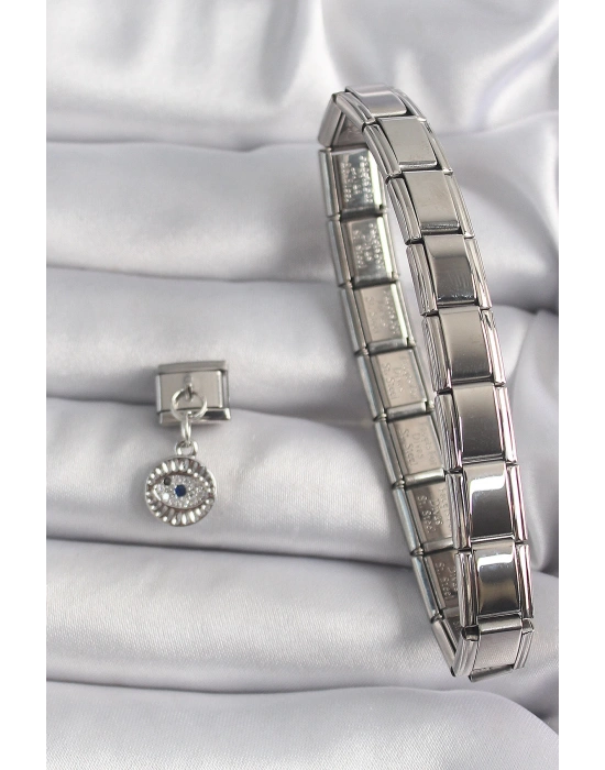 MuI MuI 316L Çelik Gümüş Renk Sallantı Zirkon Taşlı Göz Model Nomination Charm