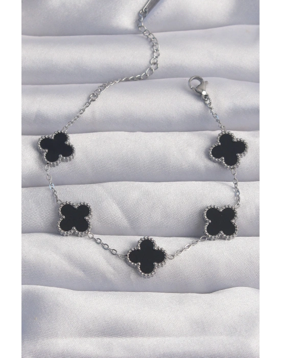 MuI MuI 316L Çelik Gümüş Renk Siyah Mineli Yonca Bileklik