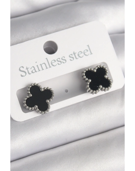 MuI MuI 316L Çelik Gümüş Renk Siyah Yonca Model Kadın Küpe