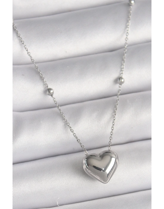 MuI MuI 316L Çelik Gümüş Renk Topçuk Detay Zincir Kalp Model Kadın Kolye