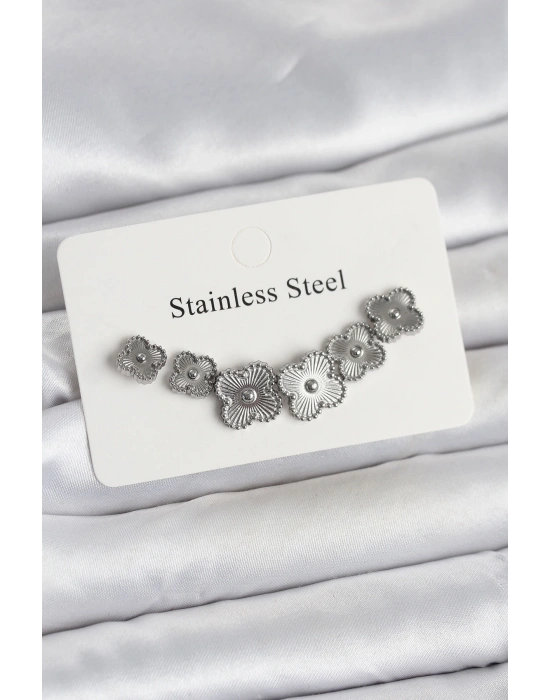 MuI MuI 316L Çelik Gümüş Renk Yonca Küpe Seti