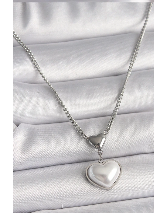 MuI MuI 316L Çelik Gümüş Renk Zincir 3D Kalp Model Kadın Kolye