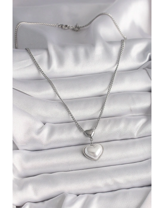 MuI MuI 316L Çelik Gümüş Renk Zincir 3D Kalp Model Kadın Kolye