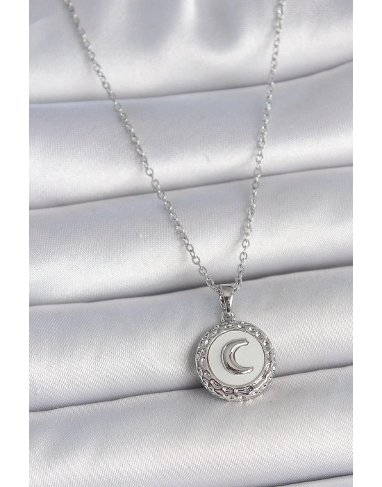 MuI MuI 316L Çelik Gümüş Renk Zincir Beyaz Mineli Hilal İşlemeli Madalyon Model Kadın Kolye