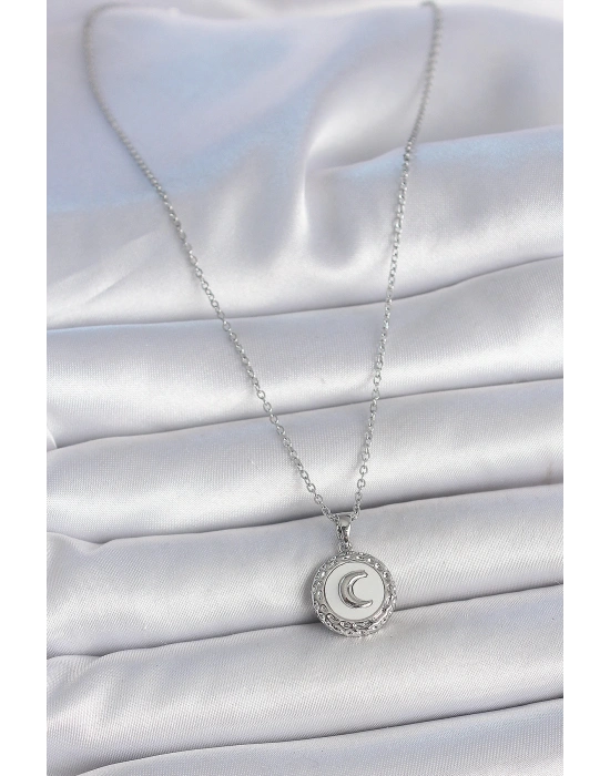 MuI MuI 316L Çelik Gümüş Renk Zincir Beyaz Mineli Hilal İşlemeli Madalyon Model Kadın Kolye