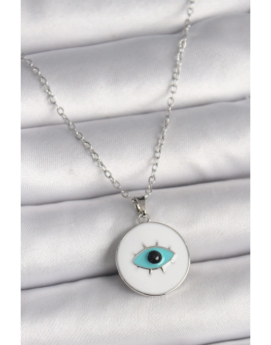 MuI MuI 316L Çelik Gümüş Renk Zincir Beyaz Mineli Turkuaz Göz İşleme Model Kadın Kolye