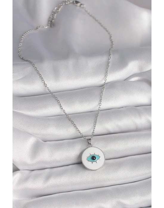 MuI MuI 316L Çelik Gümüş Renk Zincir Beyaz Mineli Turkuaz Göz İşleme Model Kadın Kolye