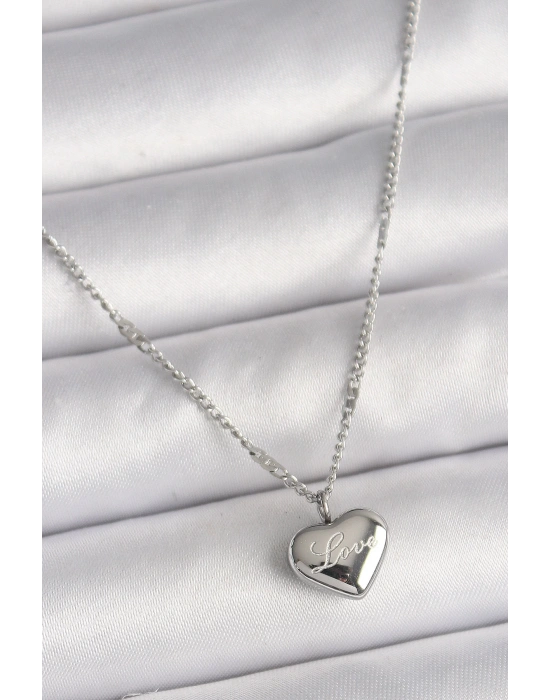 MuI MuI 316L Çelik Gümüş Renk Zincir Love İşleme Kalp Figür Kadın Kolye