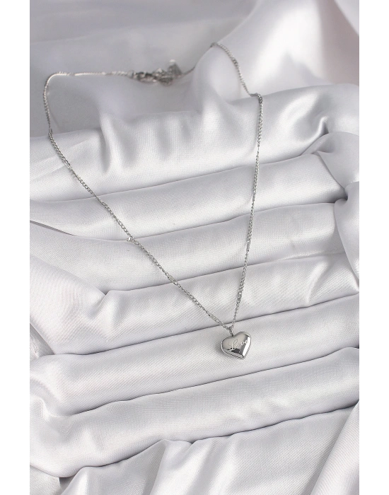 MuI MuI 316L Çelik Gümüş Renk Zincir Love İşleme Kalp Figür Kadın Kolye