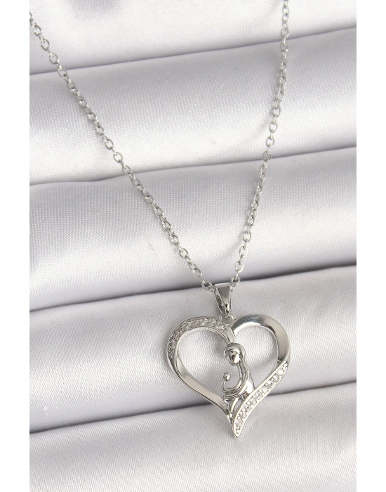 MuI MuI 316L Çelik Gümüş Renk Zincir Zirkon Taş Detaylı Kalp Model Kadın Kolye