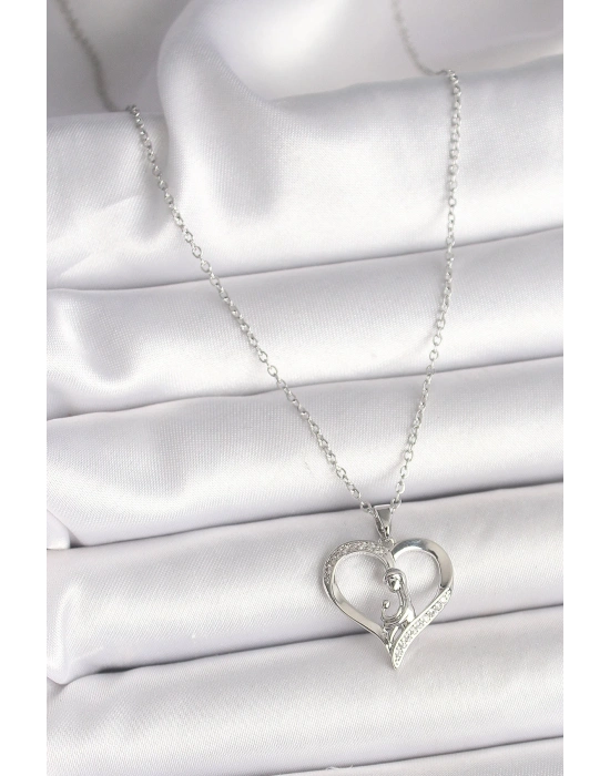 MuI MuI 316L Çelik Gümüş Renk Zincir Zirkon Taş Detaylı Kalp Model Kadın Kolye