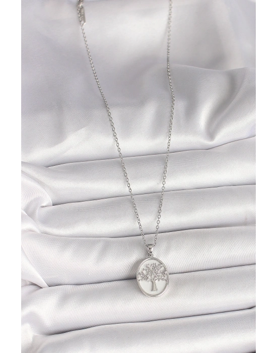MuI MuI 316L Çelik Gümüş Renk Zincir Zirkon Taş İşlemeli Beyaz Mineli Ağaç İşlemeli Portre Model Kadın Kolye