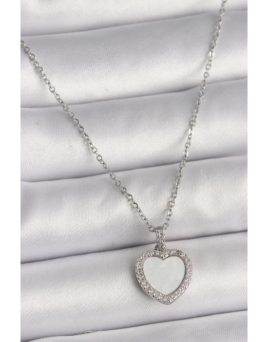 MuI MuI 316L Çelik Gümüş Renk Zincir Zirkon Taşlı Beyaz Mineli Kalp Model Kadın Kolye