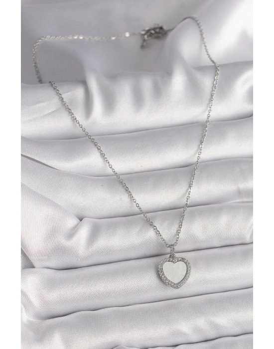 MuI MuI 316L Çelik Gümüş Renk Zincir Zirkon Taşlı Beyaz Mineli Kalp Model Kadın Kolye