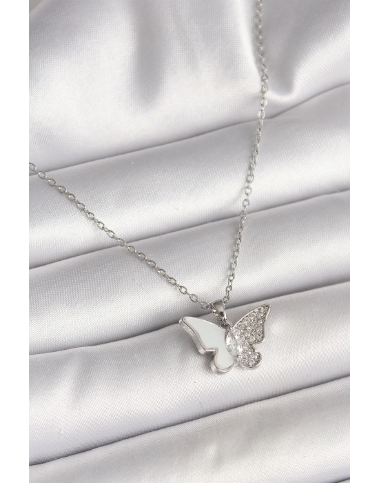MuI MuI 316L Çelik Gümüş Renk Zincir Zirkon Taşlı Beyaz Mineli Kelebek Model Kadın Kolye