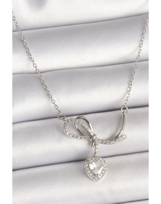 MuI MuI 316L Çelik Gümüş Renk Zincir Zirkon Taşlı Düğüm Sallantı Kalp Figür Kadın Kolye