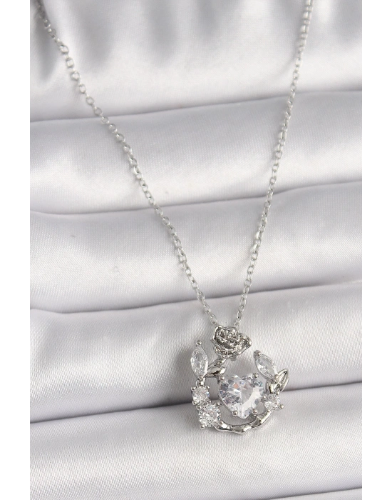 MuI MuI 316L Çelik Gümüş Renk Zincir Zirkon Taşlı Kalp Figür Gül Detay Kadın Kolye