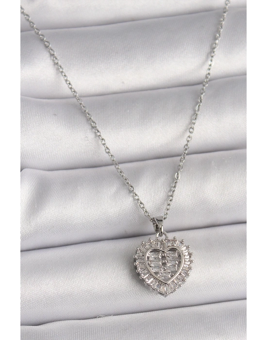 MuI MuI 316L Çelik Gümüş Renk Zincir Zirkon Taşlı Kalp Model Kadın Kolye