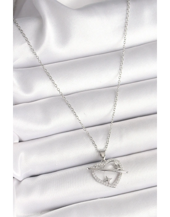MuI MuI 316L Çelik Gümüş Renk Zincir Zirkon Taşlı Kalp Model Yıldız Detay Kadın Kolye