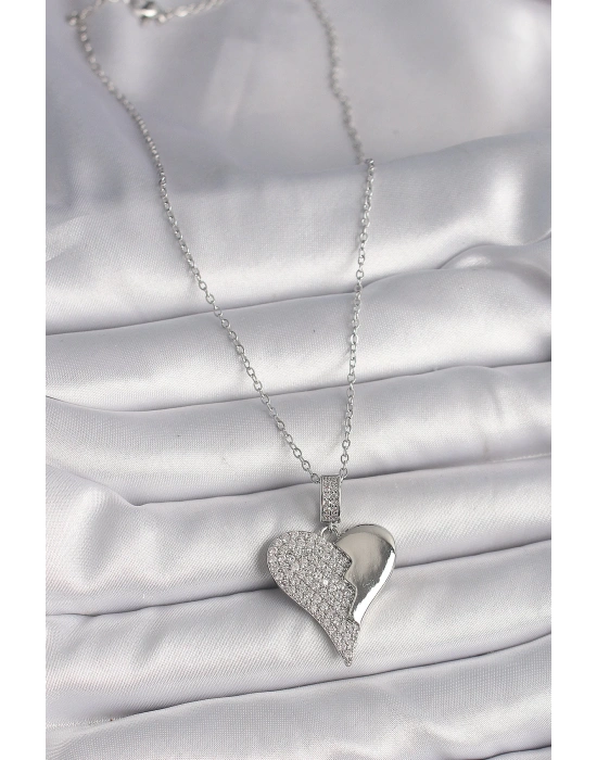 MuI MuI 316L Çelik Gümüş Renk Zincir Zirkon Taşlı Kırık Kalp Model Kadın Kolye