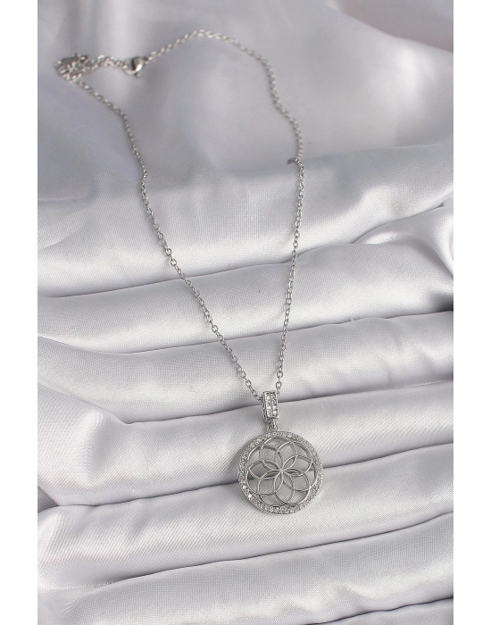MuI MuI 316L Çelik Gümüş Renk Zincir Zirkon Taşlı Lotus Model Kadın Kolye
