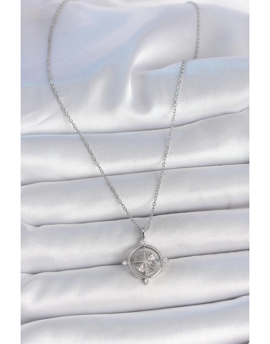 MuI MuI 316L Çelik Gümüş Renk Zincir Zirkon Taşlı Pusula Model Kadın Kolye