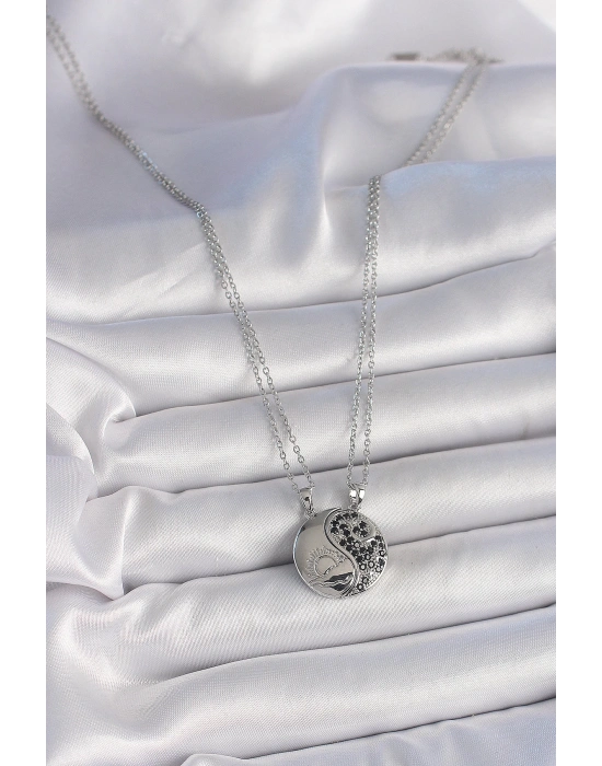 MuI MuI 316L Çelik Gümüş Renk Zincir Zirkon Taşlı Ying Yang Model Gün Batımı İşlemeli Arakdaşlık Kadın Kolye