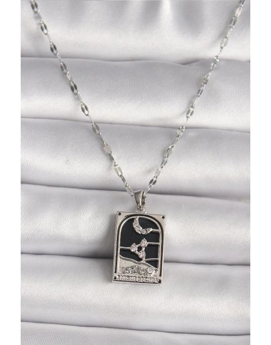 MuI MuI 316L Çelik Gümüş Renk Zirkon Taşlı  Ay Figürlü Taror Model Kadın Kolye