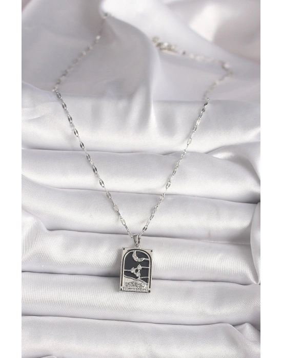 MuI MuI 316L Çelik Gümüş Renk Zirkon Taşlı  Ay Figürlü Taror Model Kadın Kolye