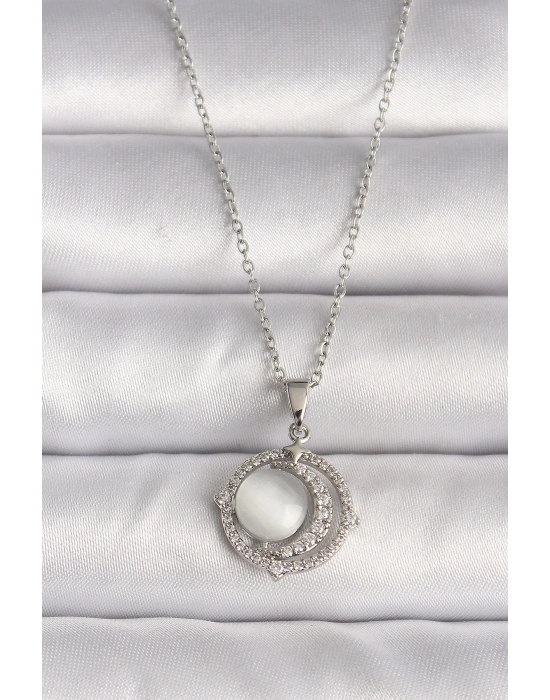 MuI MuI 316L Çelik Gümüş Renk Zirkon Taşlı Beyaz Sedefli Hilal Model Kadın Kolye