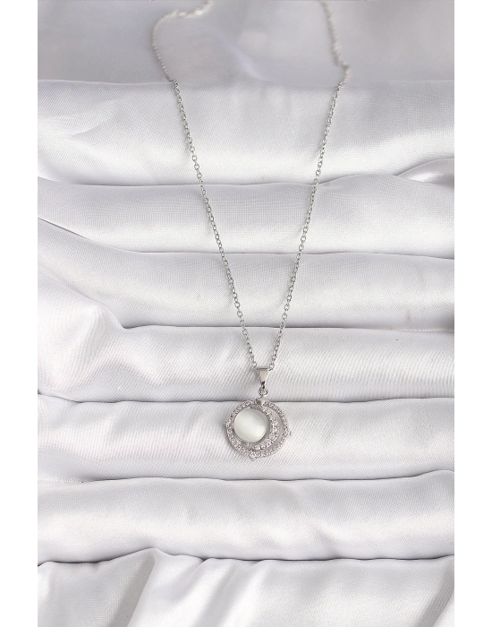 MuI MuI 316L Çelik Gümüş Renk Zirkon Taşlı Beyaz Sedefli Hilal Model Kadın Kolye