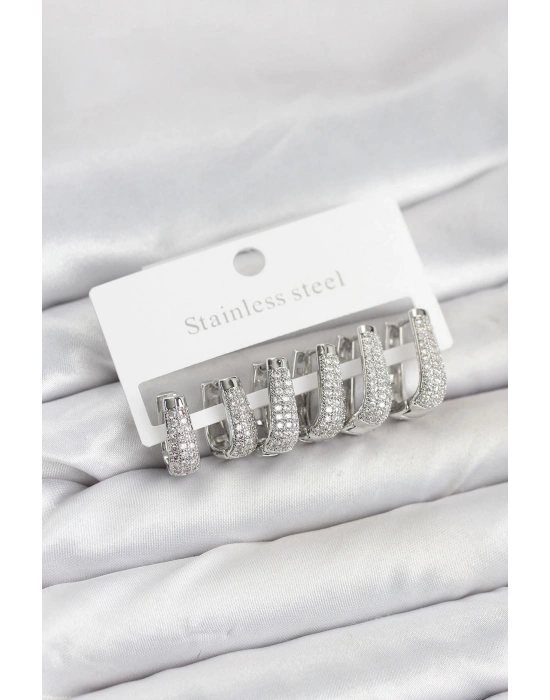 MuI MuI 316L Çelik Gümüş Renk Zirkon Taşlı Damla Halka Küpe Seti