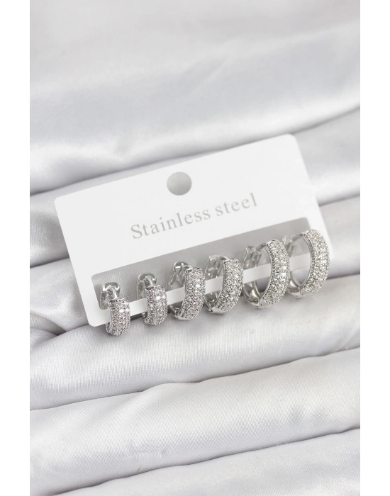 MuI MuI 316L Çelik Gümüş Renk Zirkon Taşlı Halka Küpe Seti
