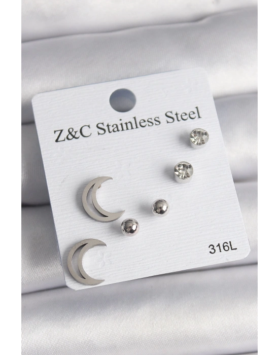 MuI MuI 316L Çelik Gümüş Renk Zirkon Taşlı Hilal Model Kadın Küpe Seti